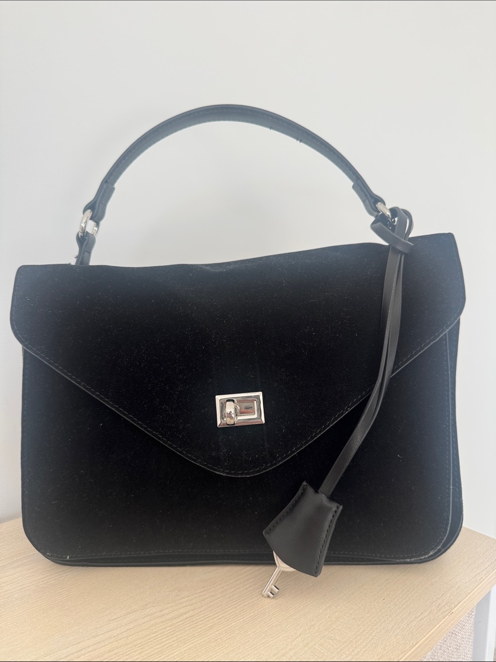 Black Velvet Top-Handle Satchel with Silver Turn-Lock